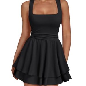 Women's Square Neck Summer Party Flowy Ruffle Hem Ruched Waist Mini Dress