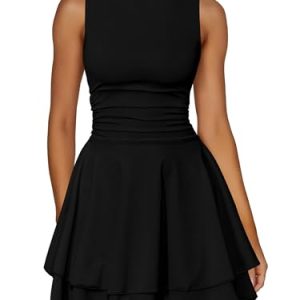 Women's Ruffle Hem Boat Neck Mini Dress Sleeveless Ruched Corset Short Party Dresses