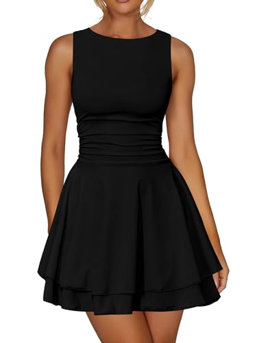 Women's Ruffle Hem Boat Neck Mini Dress Sleeveless Ruched Corset Short Party Dresses