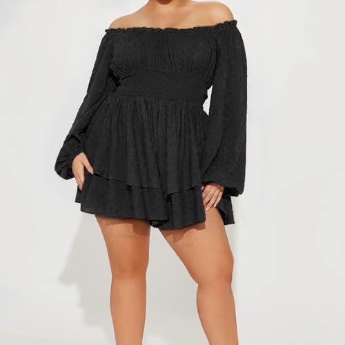 Women Plus Size Rompers Playsuits Swiss Dot Boat Neck Off Shoulder Long Sleeve Short Jumpsuits