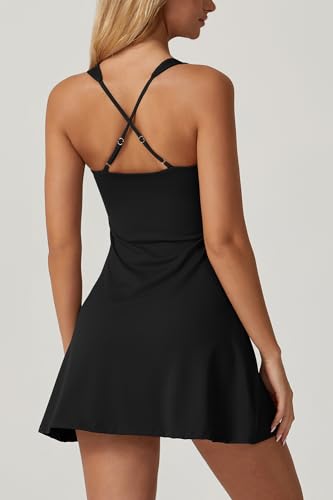 Womens Square Neck Tennis Dress Sleeveless Built in Shorts Golf Athletic Dress with Pockets