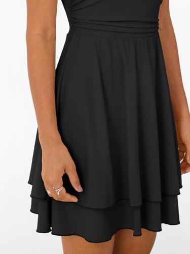 Women's Square Neck Summer Party Flowy Ruffle Hem Ruched Waist Mini Dress