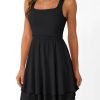 Women's Square Neck Summer Party Flowy Ruffle Hem Ruched Waist Mini Dress