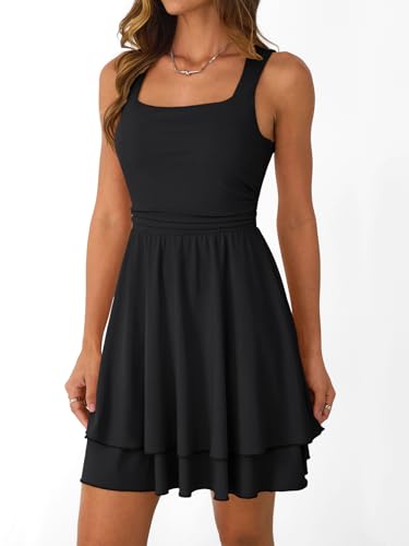 Women's Square Neck Summer Party Flowy Ruffle Hem Ruched Waist Mini Dress