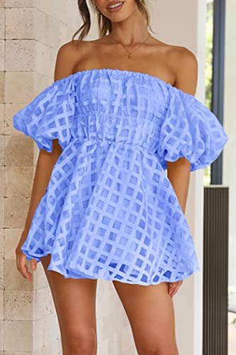 Women's Off The Shoulder Babydoll Dress Short Puff Sleeve Casual A Line Ruffle Summer Dresses