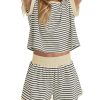 Women Summer 2 Piece Lounge Sets Striped Short Sleeve Tee Shirts Mini Shorts Loungewear Shorts Set Ribbed Pajama Set