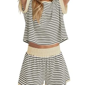Women Summer 2 Piece Lounge Sets Striped Short Sleeve Tee Shirts Mini Shorts Loungewear Shorts Set Ribbed Pajama Set