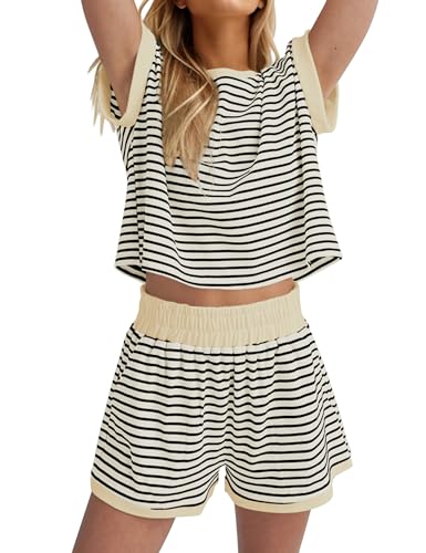 Women Summer 2 Piece Lounge Sets Striped Short Sleeve Tee Shirts Mini Shorts Loungewear Shorts Set Ribbed Pajama Set