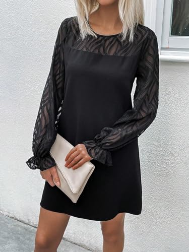 Women's Dress Contrast Mesh Flare Sleeve Tunic Dress - Casual Short Dress with Flare Sleeves and Contrast Mesh Details Dress