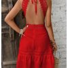 Women's Contrast Lace Sleeveless Halter Dress Backless Vacation A Line Dress