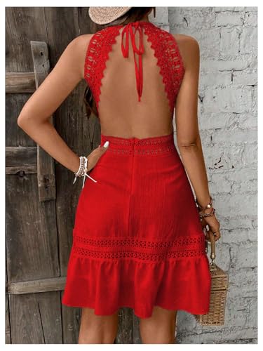 Women's Contrast Lace Sleeveless Halter Dress Backless Vacation A Line Dress