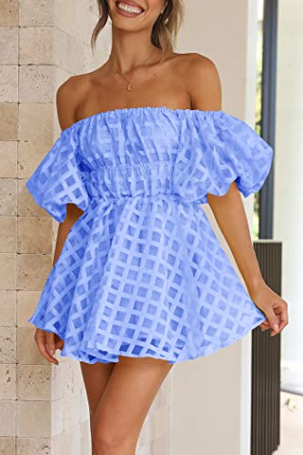 Women's Off The Shoulder Babydoll Dress Short Puff Sleeve Casual A Line Ruffle Summer Dresses