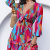 Womens Casual Spring Summer 2025 Deep V Neck Knotted Tiered Chiffon Elegant Mini Short Swing Skater Dresses