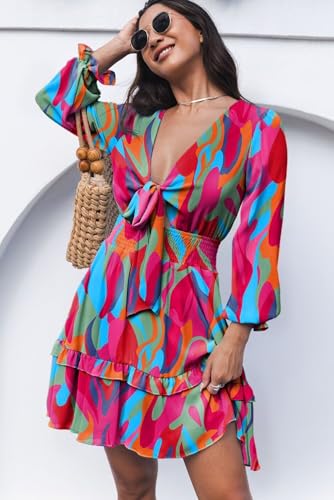 Womens Casual Spring Summer 2025 Deep V Neck Knotted Tiered Chiffon Elegant Mini Short Swing Skater Dresses