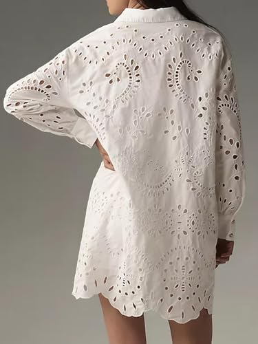 Women Eyelet Lace Dress Button Down Shirt Loose Fit Summer Casual Mini Dress