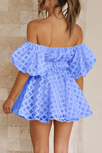 Women's Off The Shoulder Babydoll Dress Short Puff Sleeve Casual A Line Ruffle Summer Dresses