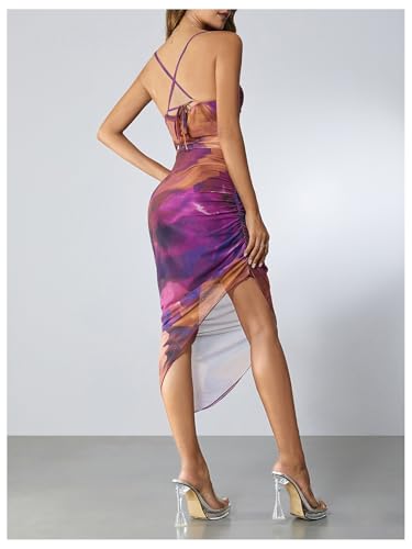 Women's Tie Dye Cowl Neck Split Hem Bodycon Cami Dress Backless Long Dresses