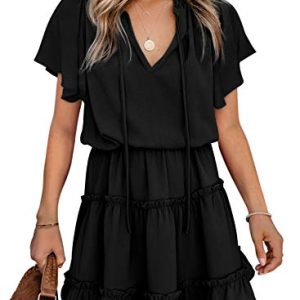 Womens Spring Summer 2025 Short Sleeve Split V Neck Ruffle Chiffon Elegant Mini Short Skirt Dresses