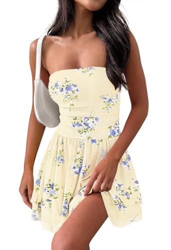 Women's Summer Floral Strapless Tube Dress Boho Off Shoulder Ruffle Tiered Mini Sundress