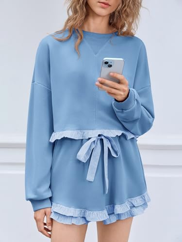 Women's 2 Piece Lounge Sets Ruffle Color Block Cropped Sweatshirts Casual Drawstring Shorts Fall Loose Sweatsuits