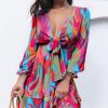 Womens Casual Spring Summer 2025 Deep V Neck Knotted Tiered Chiffon Elegant Mini Short Swing Skater Dresses
