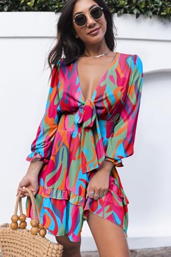 Womens Casual Spring Summer 2025 Deep V Neck Knotted Tiered Chiffon Elegant Mini Short Swing Skater Dresses