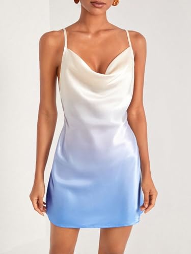Women's Dress Ombre Draped Collar Satin Cami Dress - Sexy Spaghetti Strap Backless Zipper Short Dress Women's Dress