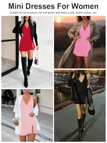 Women Sexy Halter Deep V Neck Ruched Bodycon Dress Summer Side Slit Mesh Hem Cocktail Club Party Short Mini Dresses
