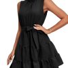 Women's Ruched Trim Crewneck Sleeveless Tie Knot High Waist Ruffle Layered Short Dress