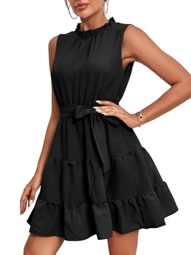 Women's Ruched Trim Crewneck Sleeveless Tie Knot High Waist Ruffle Layered Short Dress