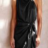 Women's Short Formal Satin Dress Summer Sleeveless Mock Neck Tie Waist Cocktail Party Dresses