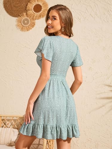 Womens Summer Dresses 2025 Floral Cap Sleeve Wrap V Neck Ruffle A-Line Sun Dress