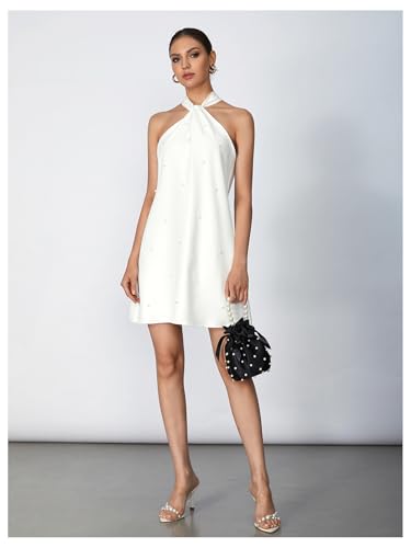 Women's Pearl Beaded Halter Twist Sleeveless Tie Back Dress A Line Dress