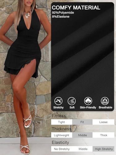 Women Sexy Halter Deep V Neck Ruched Bodycon Dress Summer Side Slit Mesh Hem Cocktail Club Party Short Mini Dresses