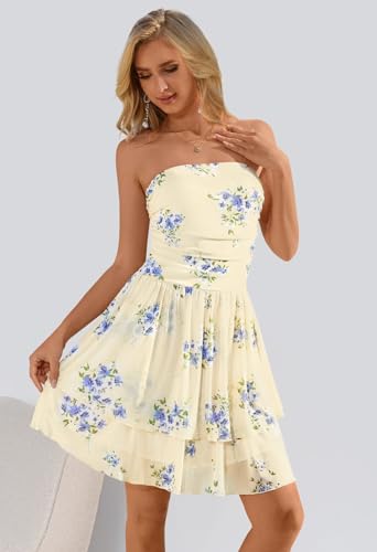 Women's Summer Floral Strapless Tube Dress Boho Off Shoulder Ruffle Tiered Mini Sundress