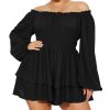 Women Plus Size Rompers Playsuits Swiss Dot Boat Neck Off Shoulder Long Sleeve Short Jumpsuits