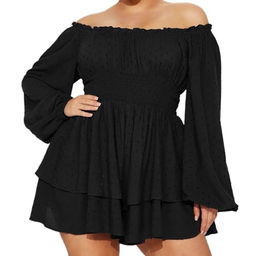 Women Plus Size Rompers Playsuits Swiss Dot Boat Neck Off Shoulder Long Sleeve Short Jumpsuits
