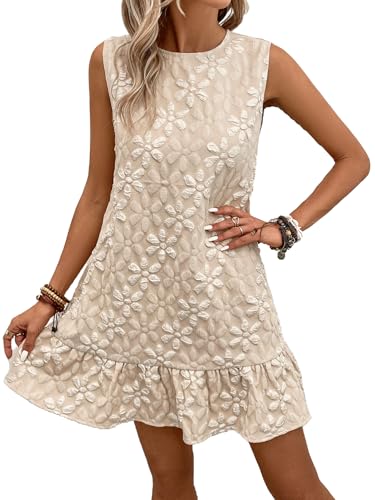 Women's Ruffle Hem Sleeveless Tank Dress Round Neck Casual Jacquard Hem Smock Summer Mini Dresses