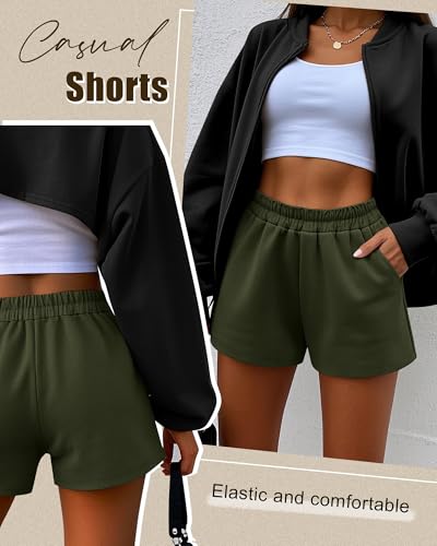 3 Pack Women's Sweat Shorts, Elastic High Waist Casual Summer Lounge Cotton Comfy Athletic Shorts with Pockets