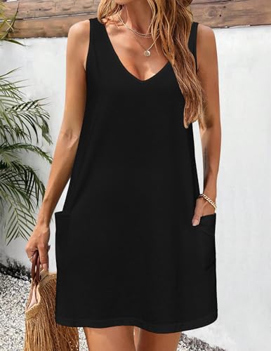 Womens Summer Dress 2025 Loose V Neck Sleeveless Sundresses Swimsuit Coverup with Pockets Floral Tank Dresses