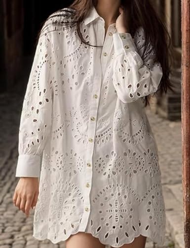 Women Eyelet Lace Dress Button Down Shirt Loose Fit Summer Casual Mini Dress