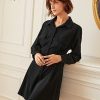 Women's Dress Drop Shoulder Flap Detail Shirt Dress - Casual Long Sleeve Button Front Short Dress Dress IPADSA(X-Small)