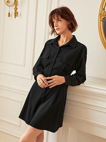Women's Dress Drop Shoulder Flap Detail Shirt Dress - Casual Long Sleeve Button Front Short Dress Dress IPADSA(X-Small)
