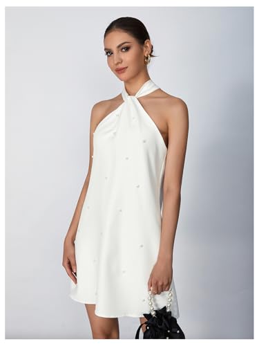 Women's Pearl Beaded Halter Twist Sleeveless Tie Back Dress A Line Dress