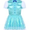 Womens Shiny Satin Maid Dress Short Puff Sleeve Frilly A-line Mini Dress Cosplay Costume