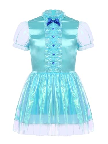 Womens Shiny Satin Maid Dress Short Puff Sleeve Frilly A-line Mini Dress Cosplay Costume