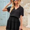 Womens Spring Summer 2025 Short Sleeve Split V Neck Ruffle Chiffon Elegant Mini Short Skirt Dresses