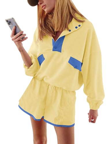 Quarter Button Sweatsuits Women Oversized Color Block Sweatshirts Sets Shorts Tracksuits 2025 Casual 2 Piece Outfits