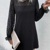Women's Dress Contrast Mesh Flare Sleeve Tunic Dress - Casual Short Dress with Flare Sleeves and Contrast Mesh Details Dress
