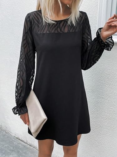 Women's Dress Contrast Mesh Flare Sleeve Tunic Dress - Casual Short Dress with Flare Sleeves and Contrast Mesh Details Dress